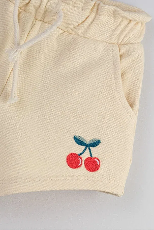 Детские шорты для девочек хлопковые Cherry embroidered basic girls' shorts Bondberro, Ecru — фото 2