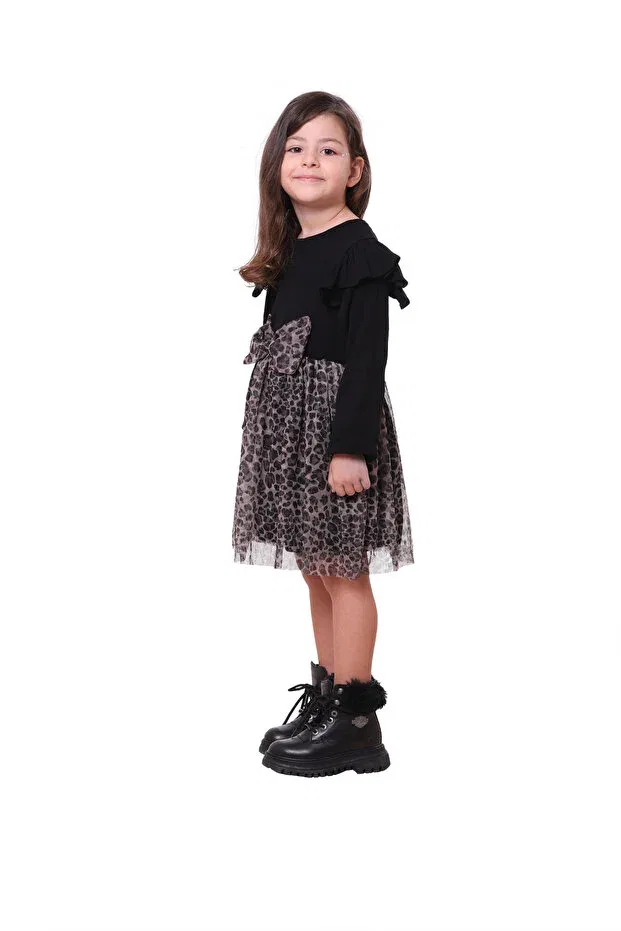 Детское платье для девочек с принтом Tulle Leopard Print Long Sleeve Black Cotton Dress Lila Ribbon, Black — фото 3
