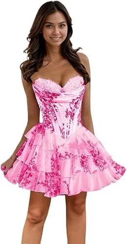 Женское короткое платье с цветочным принтом и корсетом Chiffon, Pink