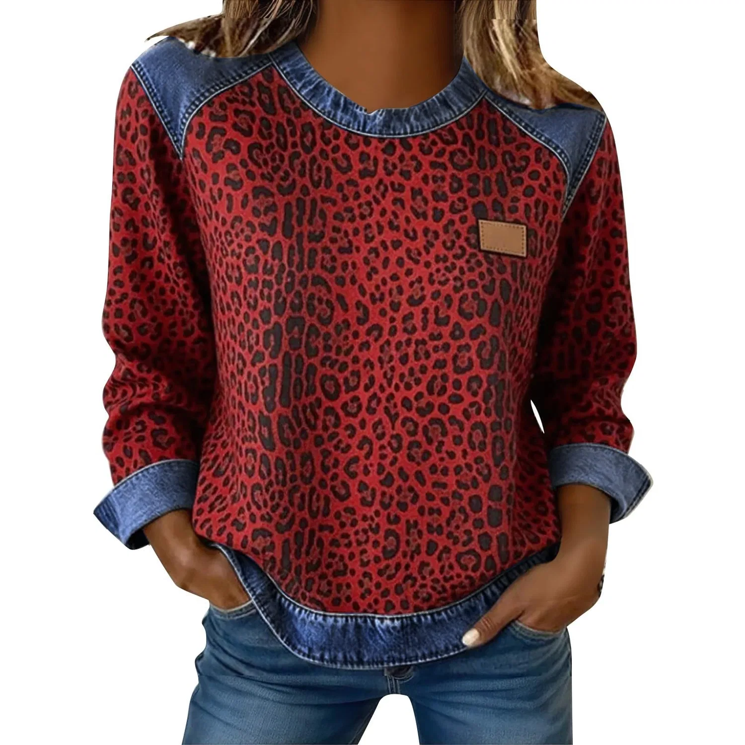 Женский джинсовый свитшот с длинным рукавом Oversized, 02-red