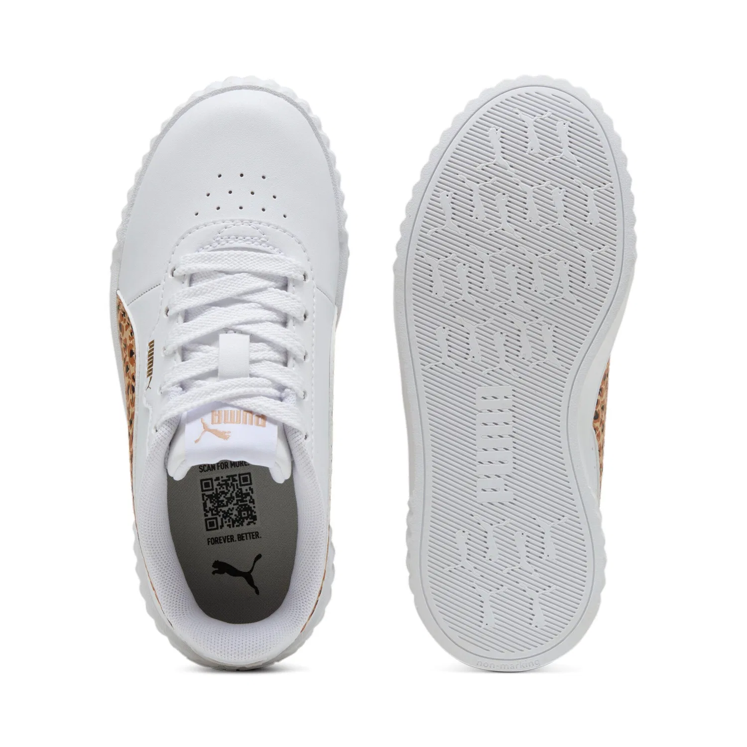 Детские кроссовки с леопардовым принтом Carina 3.0 Animal PS PUMA, White/Light Sand/Gold — фото 4
