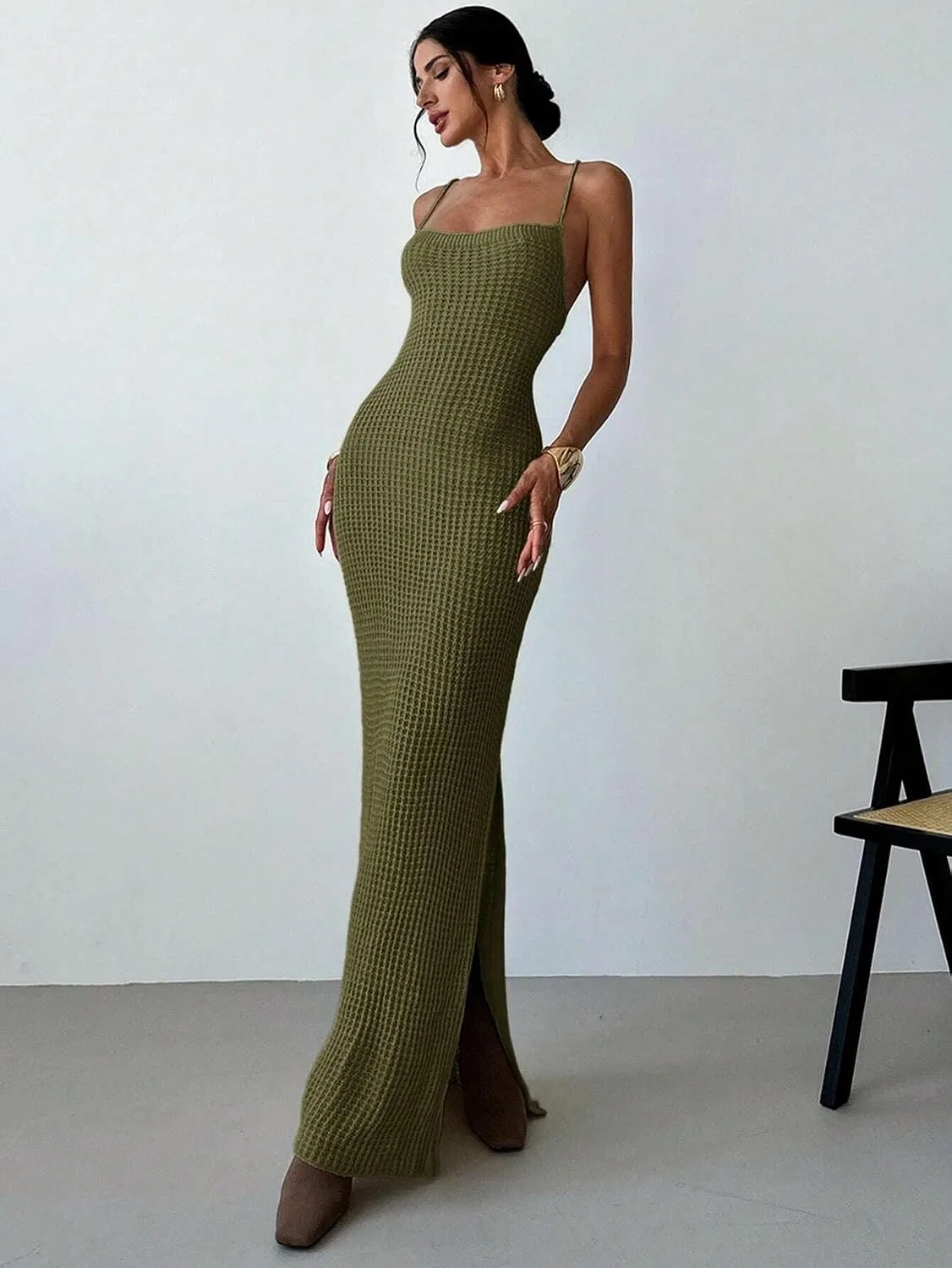 Женское облегающее платье миди с разрезом Bodycon, Army Green — фото 4