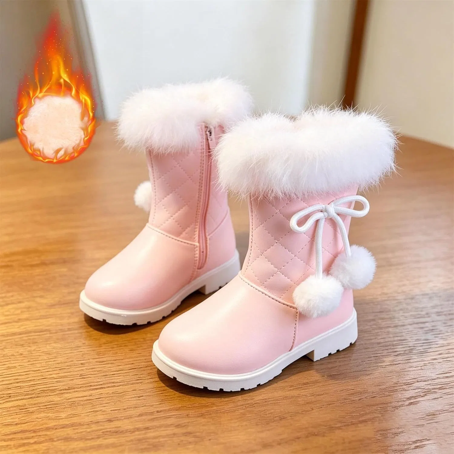 Детские сапоги для девочек с меховой отделкой и помпонами, Pink — фото 2