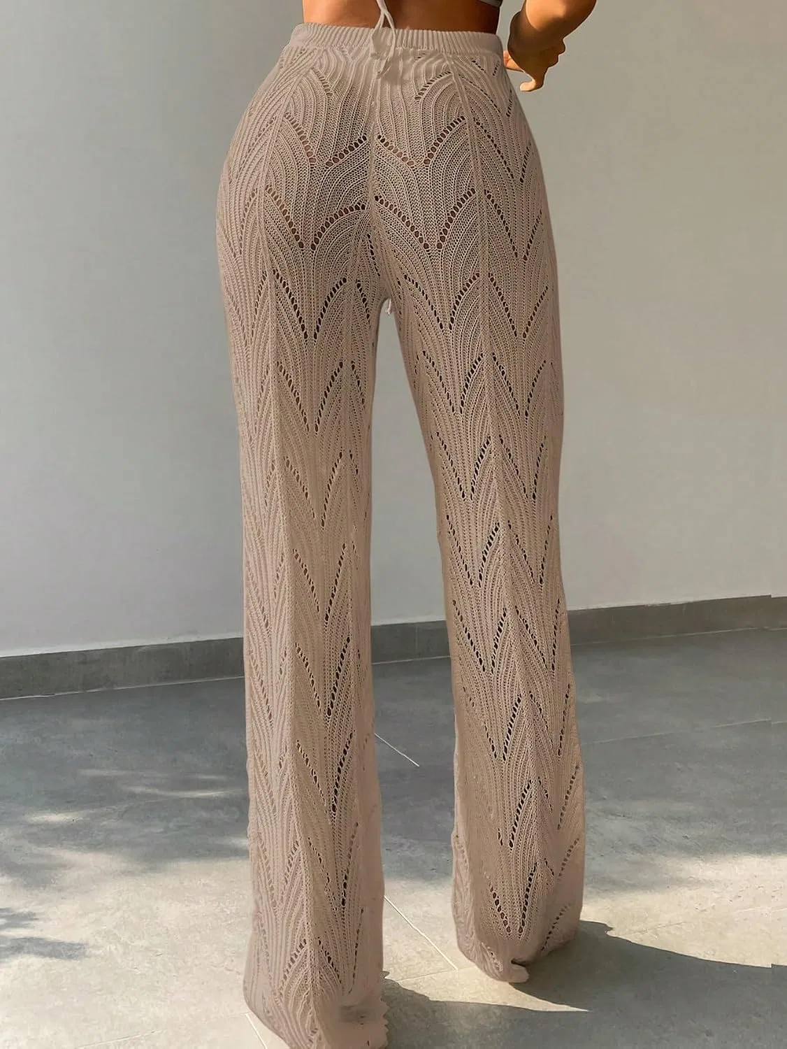 Женский пляжный костюм с hollow out Knit Cover Up Pants, Khaki — фото 2
