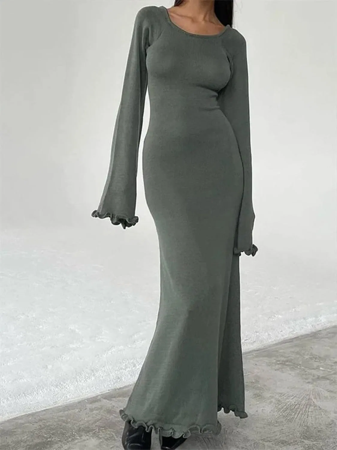 Женское платье с круглым вырезом и открытой спиной, Dark Green — фото 2