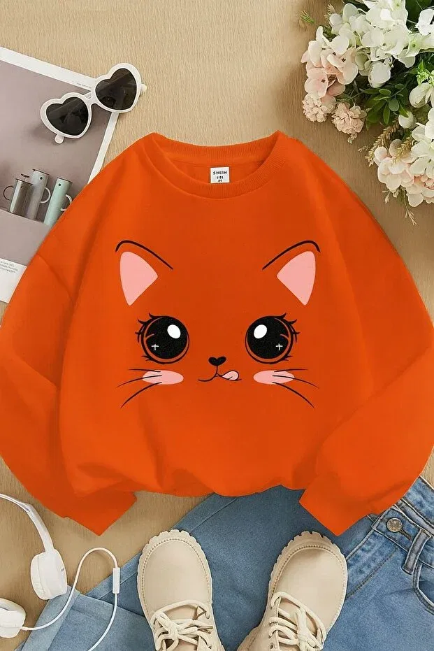 Детские свитшот для девочек с принтом 3 yarn combed cotton kitten printed Benroma, Orange