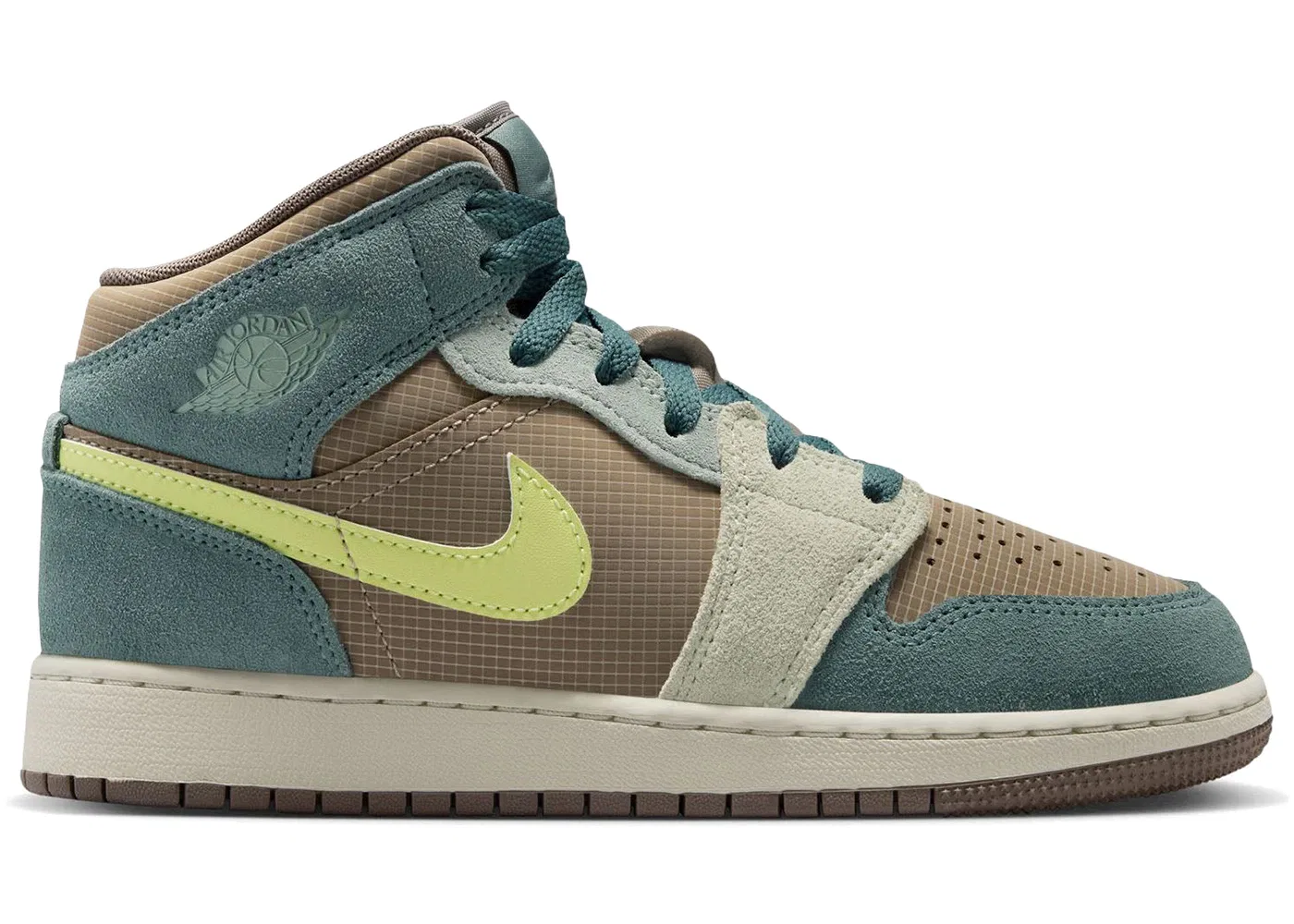 Детские кроссовки для повседневной носки Jordan 1 Mid SE Jordan, Khaki/Hasta/Olive Grey/Light Lemon Twist