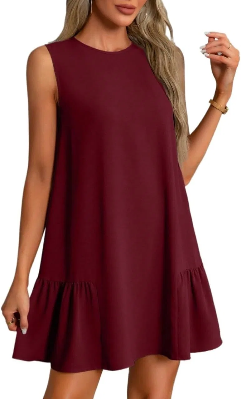 Женское платье с рюшами и смоком, sleeveless, Burgundy