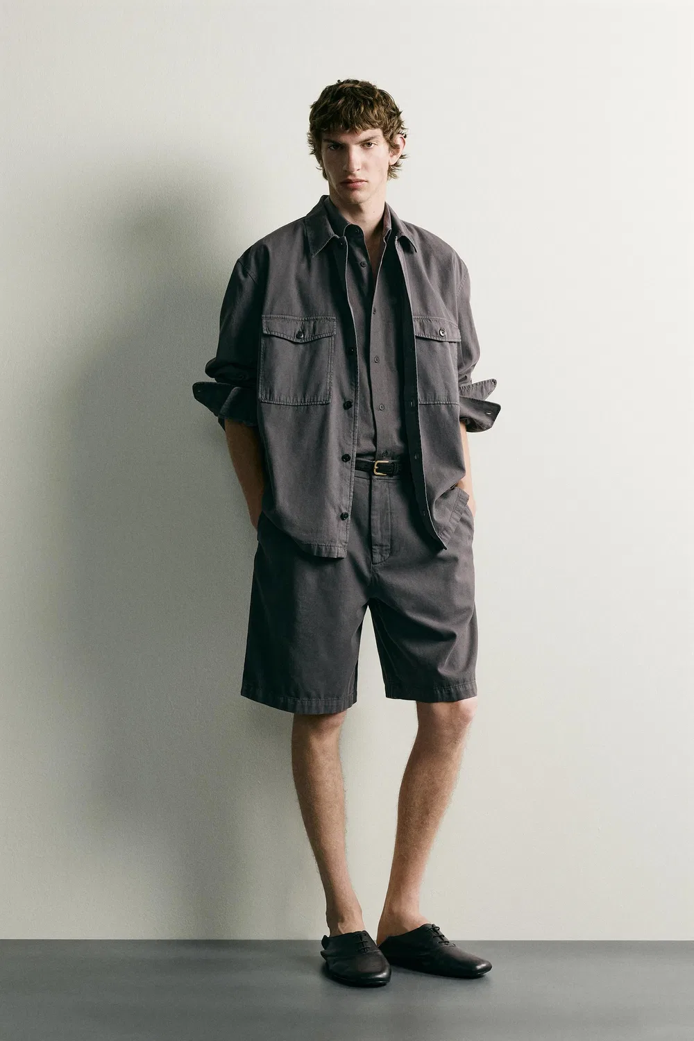 Выстиранная рубашка свободного кроя ZARA, Grey