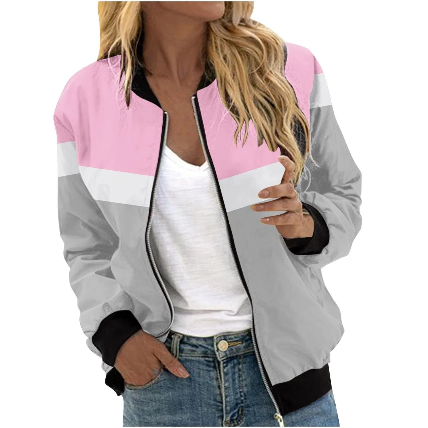 Женская куртка oversize с принтом Women's Oversized Bomber Jacket with Zip Two-Tone Patchwork Pilot Jacket Long Sleeve Softshell Jacket Aviator Jacket Casual Jacket, Colore: rosa