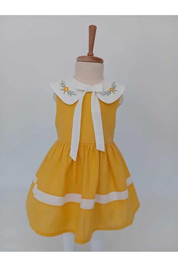Детское платье для девочек с принтом Embroidered collar bow detailed belted girl's dress Baby, Sarı — фото 2