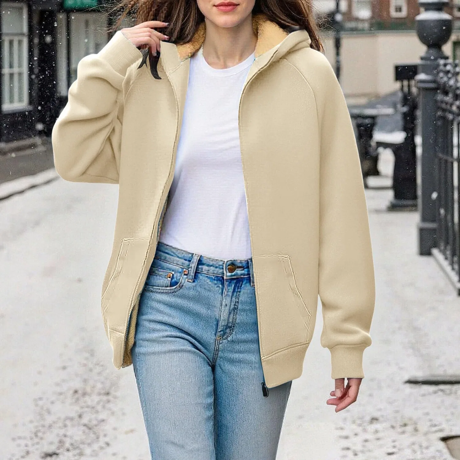 Женский свитшот с капюшоном на молнии из флиса, Beige — фото 2