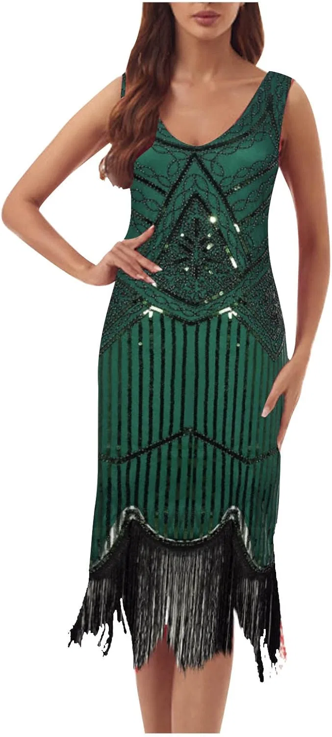 Женское платье с бахромой и пайетками Gatsby, Green