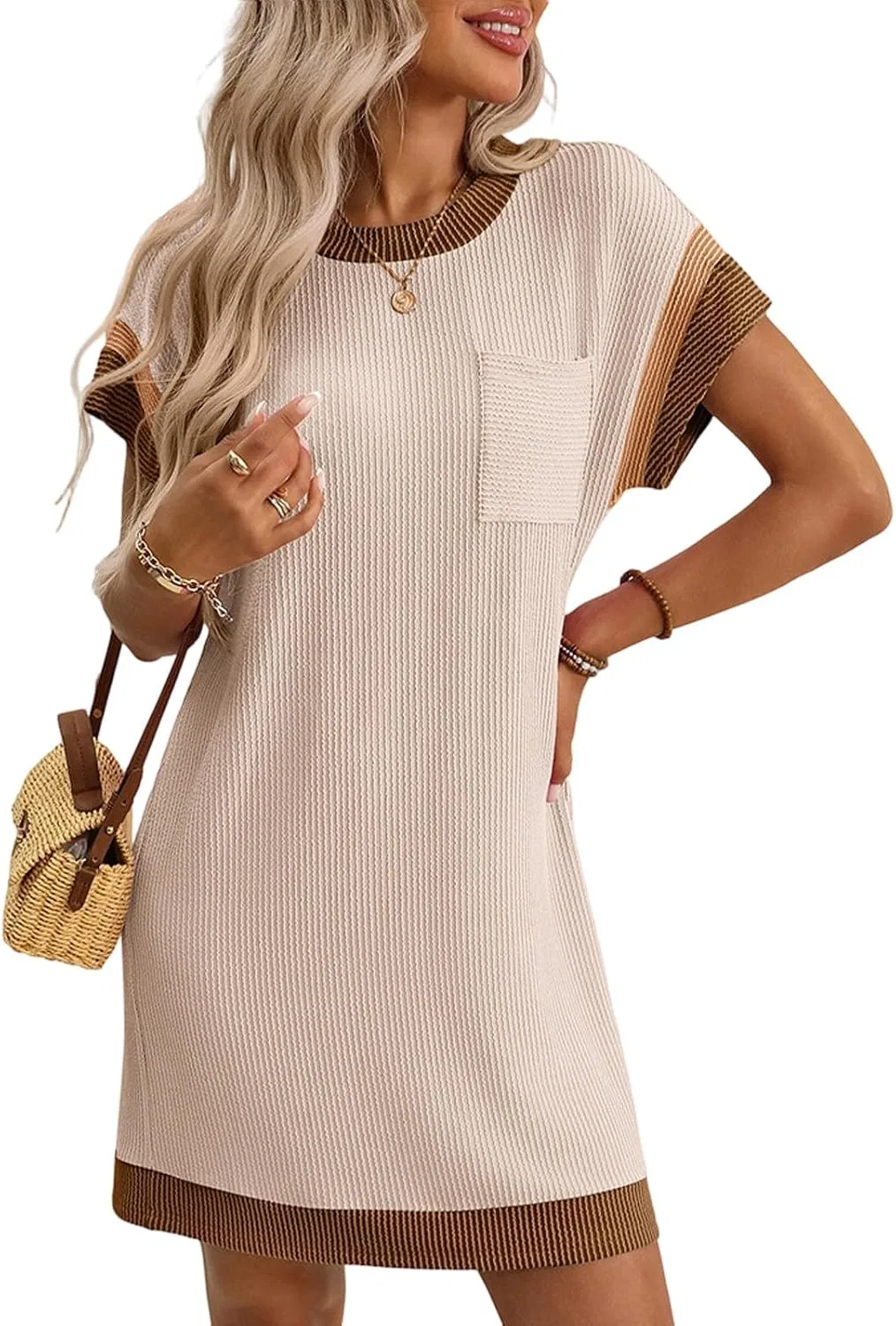 Женское платье-футболка с коротким рукавом, цвет-блок, Cream Colored