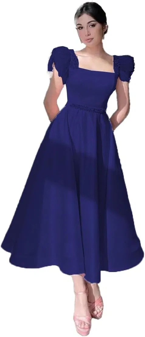 Женское блестящее бальное платье с перьями A-line Satin, Royal Blue