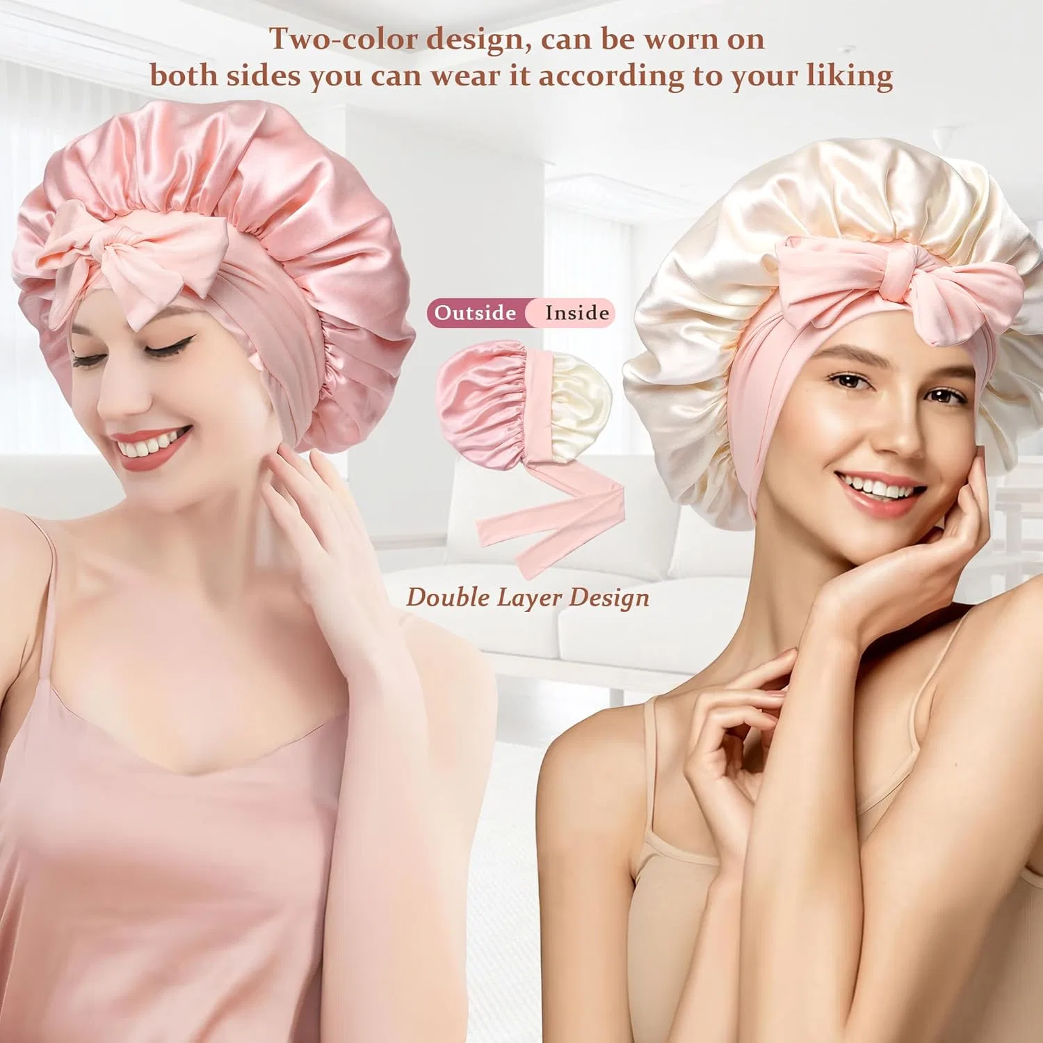 Шелковая шапочка для сна Ufgin, двусторонняя, Pink+Beige — фото 2