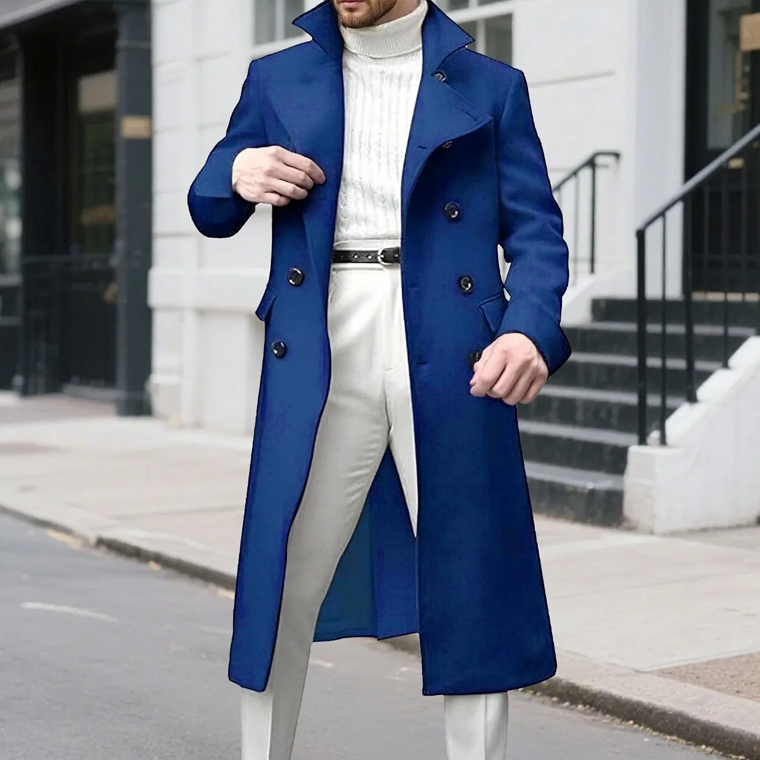 Мужское пальто-тренч с двубортной застежкой, Slim Fit, синий — фото 2