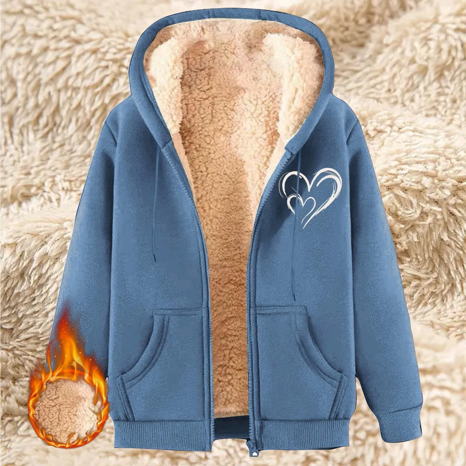 Женская куртка на флисе с капюшоном и карманами, модель Sherpa Fleece Jacket, Blu — фото 2