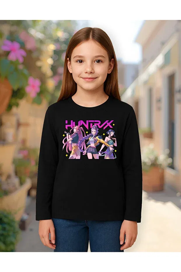 Детские свитшот с принтом Kpop Demon Hunters Huntrix Long Sleeve Printed Girls' T-Shirt Mixxi Fashion, Black — фото 2