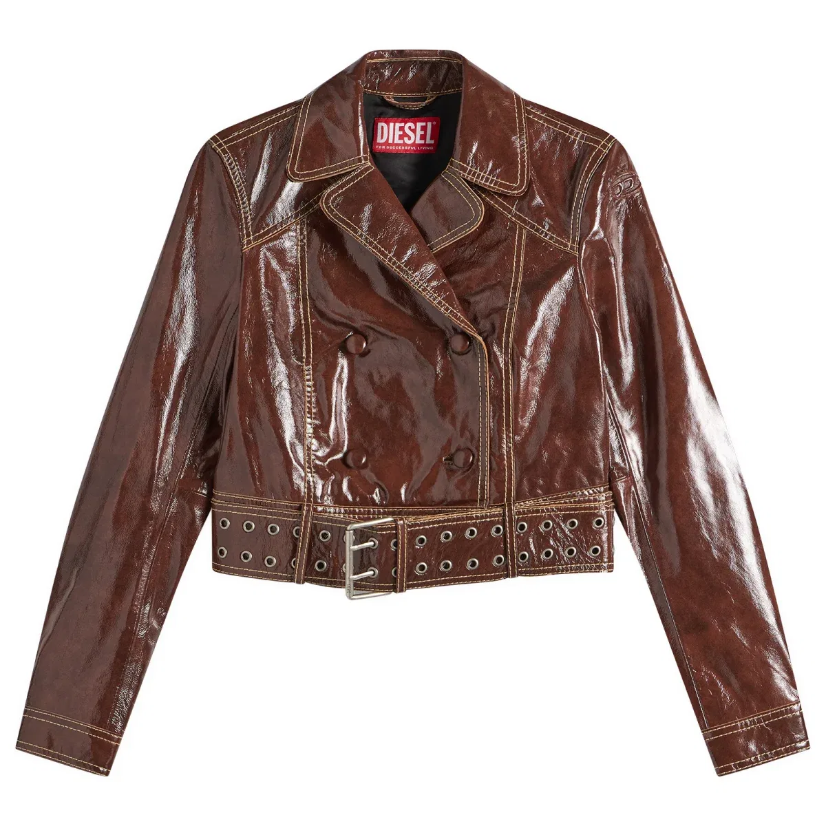 Куртка-кроп из лаковой кожи с поясом L-Egend Diesel, Burgundy