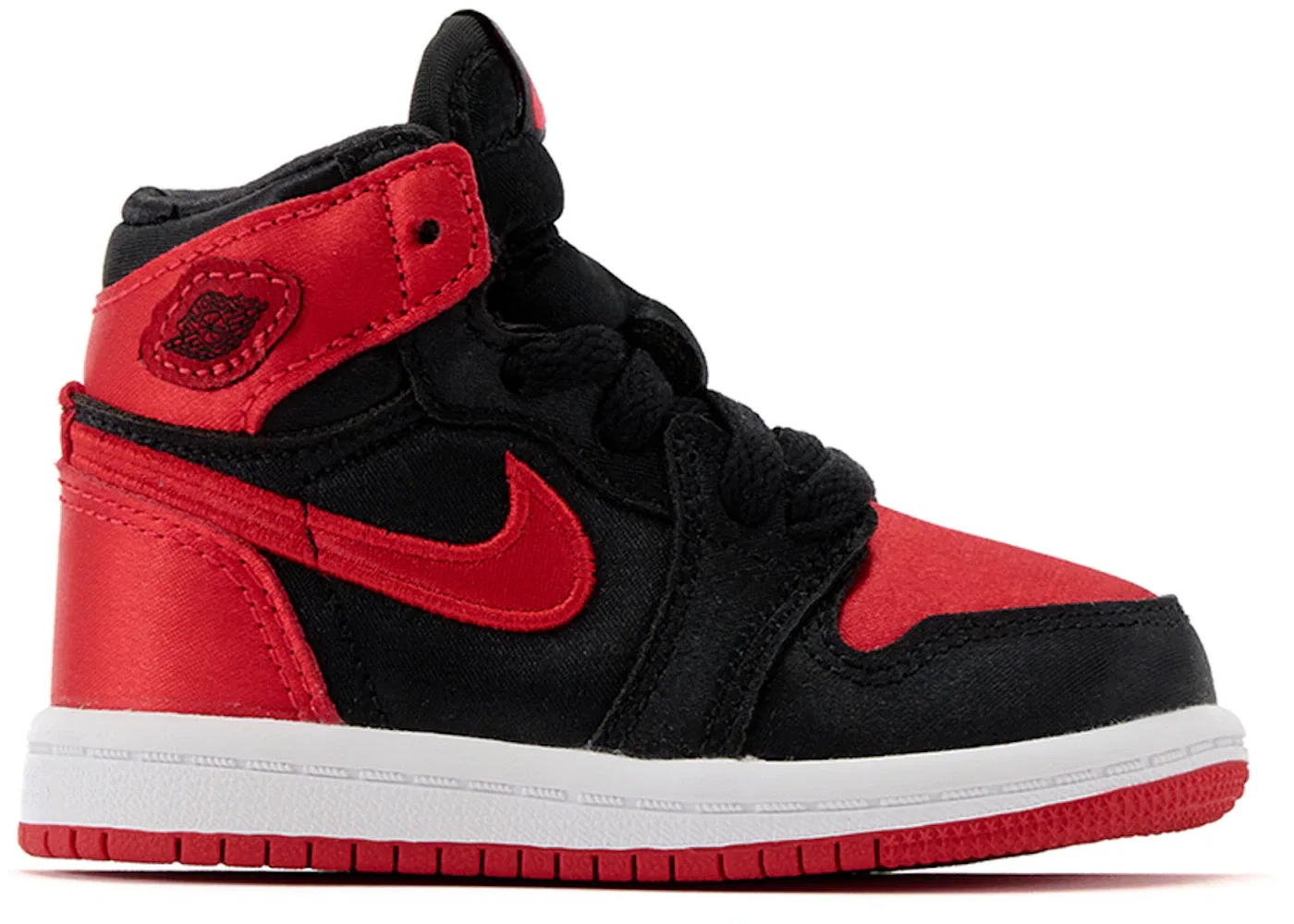 Детские кроссовки высокие с сатиновой отделкой Jordan 1 Retro High OG Satin Bred Jordan, Black/University Red/White