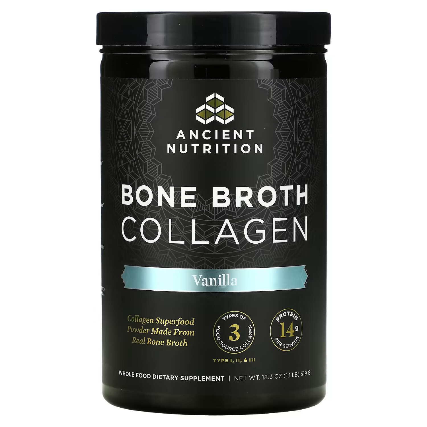 

Dr. Axe / Ancient Nutrition, Bone Broth Collagen, ваниль, 519 г (1,1 фунта)