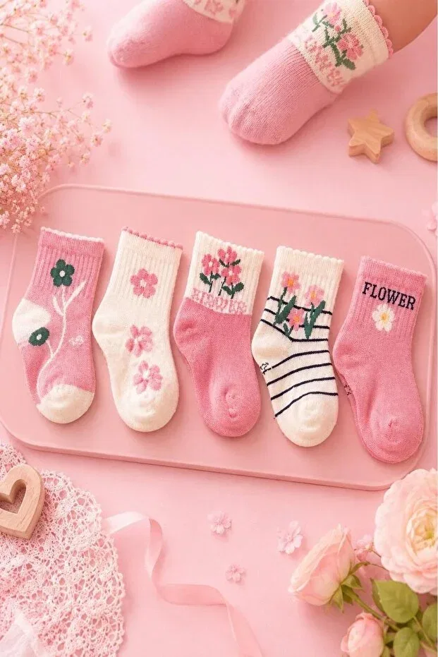 Детские носки хлопковые Organic cotton premium 5-piece baby & kids colorful patterned socks / washable / seamless toe Lakoren, Pink