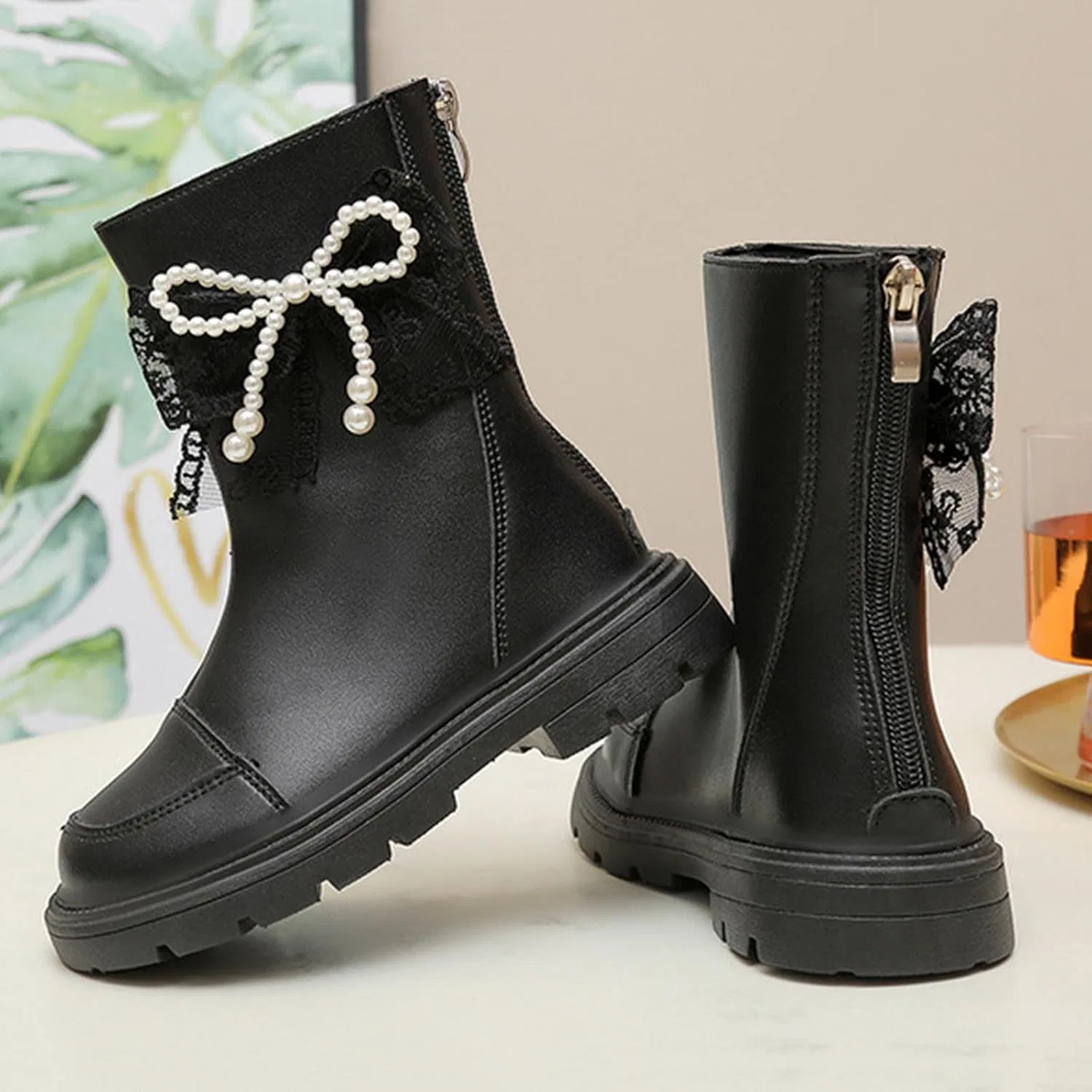 Детские сапоги для девочек с бантом и жемчугом Mid Calf Riding Boots Zzalalana, Black — фото 4