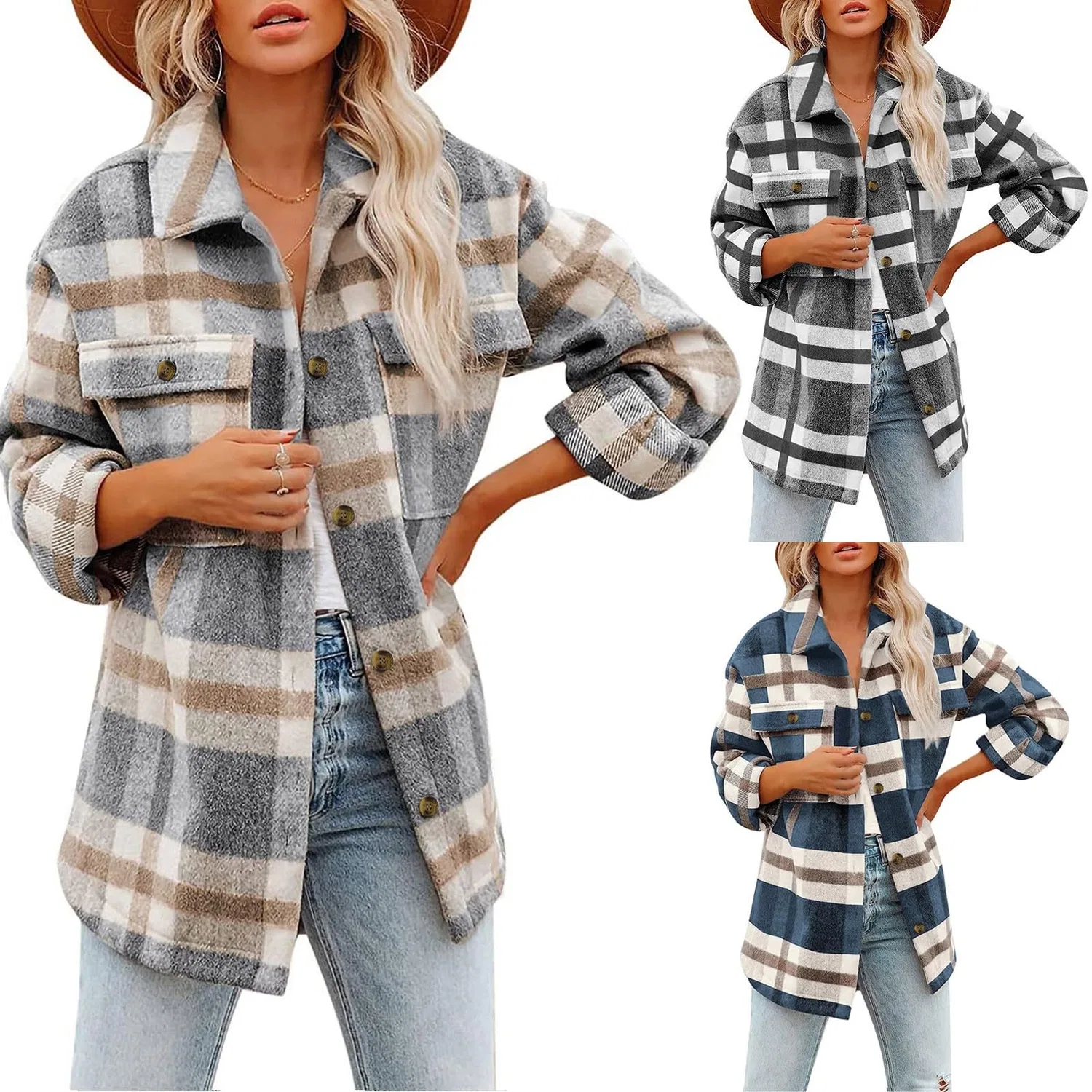 Женская куртка oversize с воротником-стойкой, клетчатая, бренд, Grigio