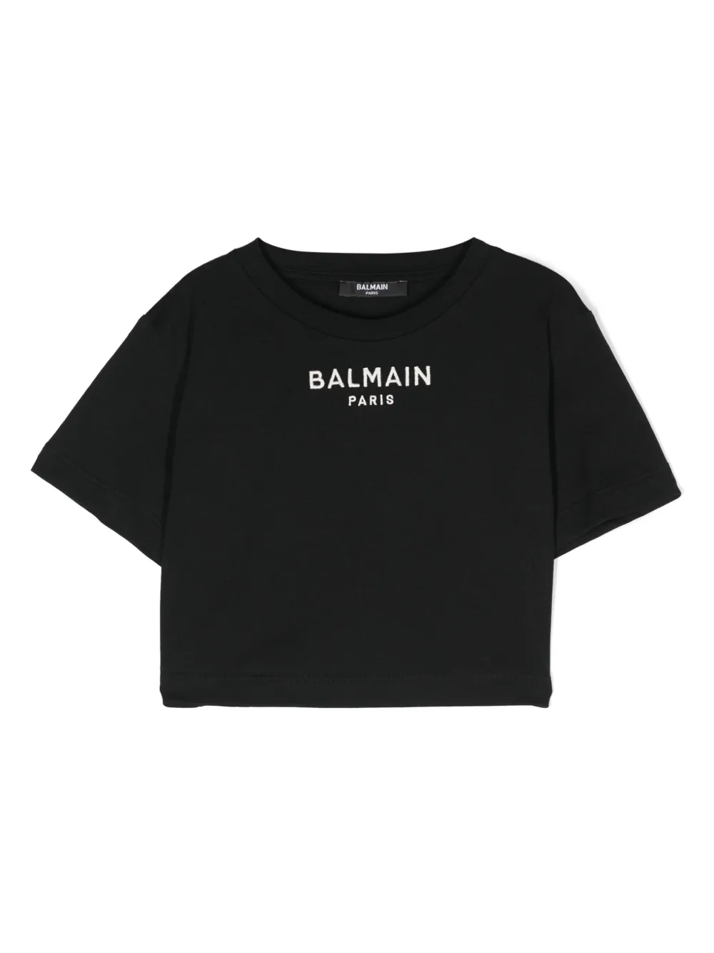 

Укороченная футболка с вышитым логотипом Balmain Kids, черный
