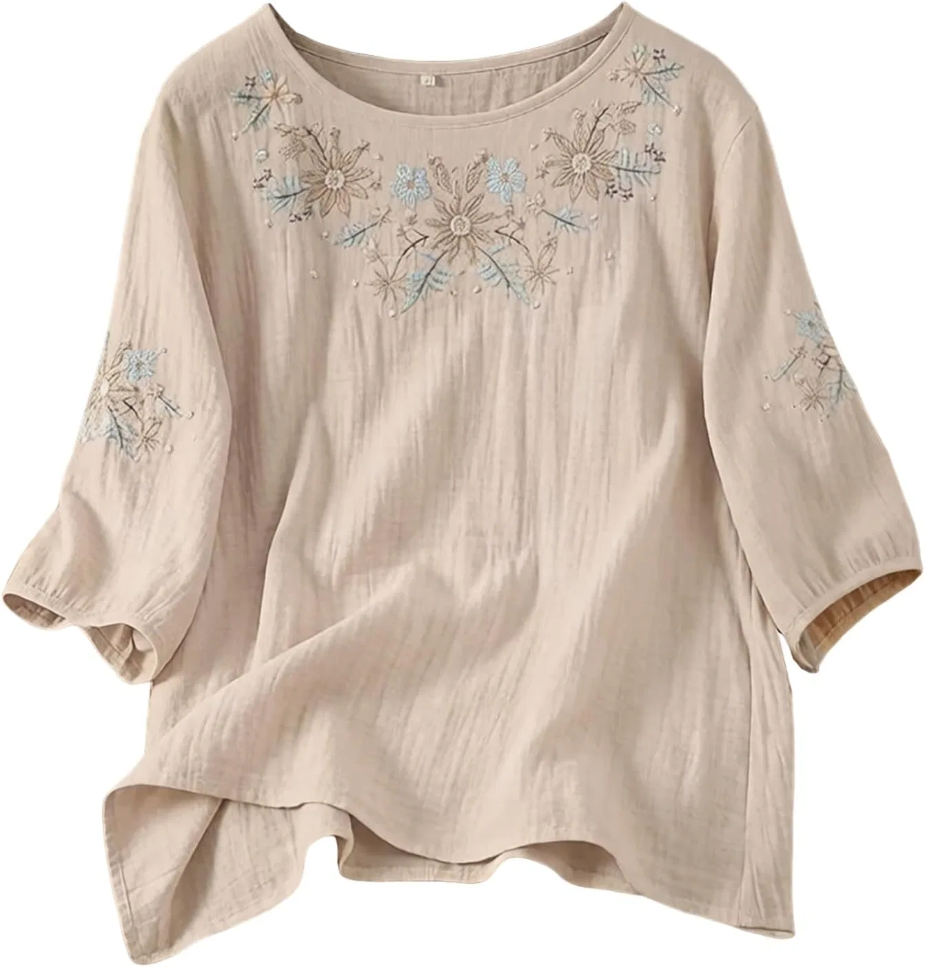 Футболка из хлопка и льна, свободная, Casual, бежевый — фото 4
