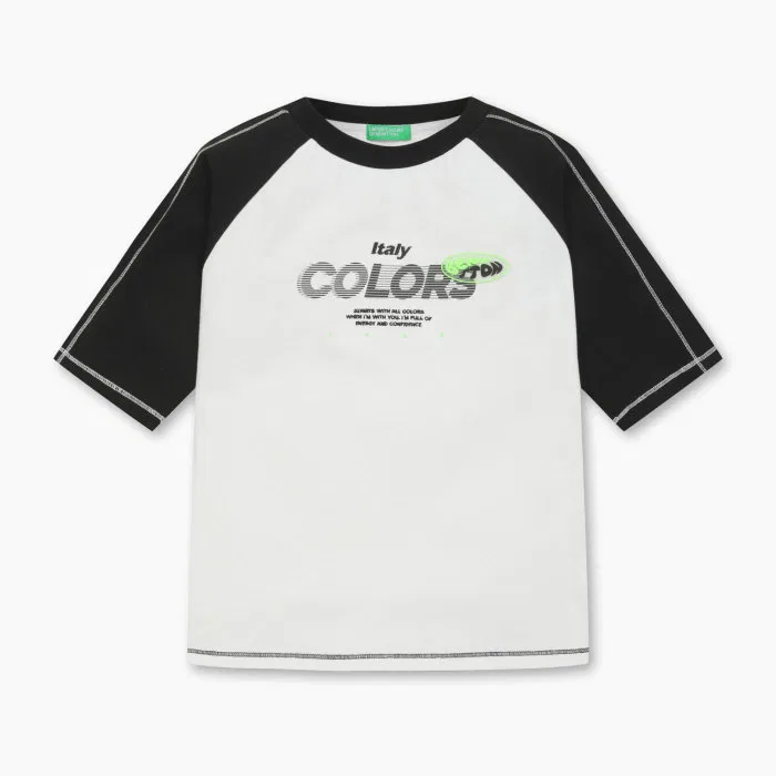 Детская футболка реглан с рукавом 5/8 цвета айвори от Benetton Kids
