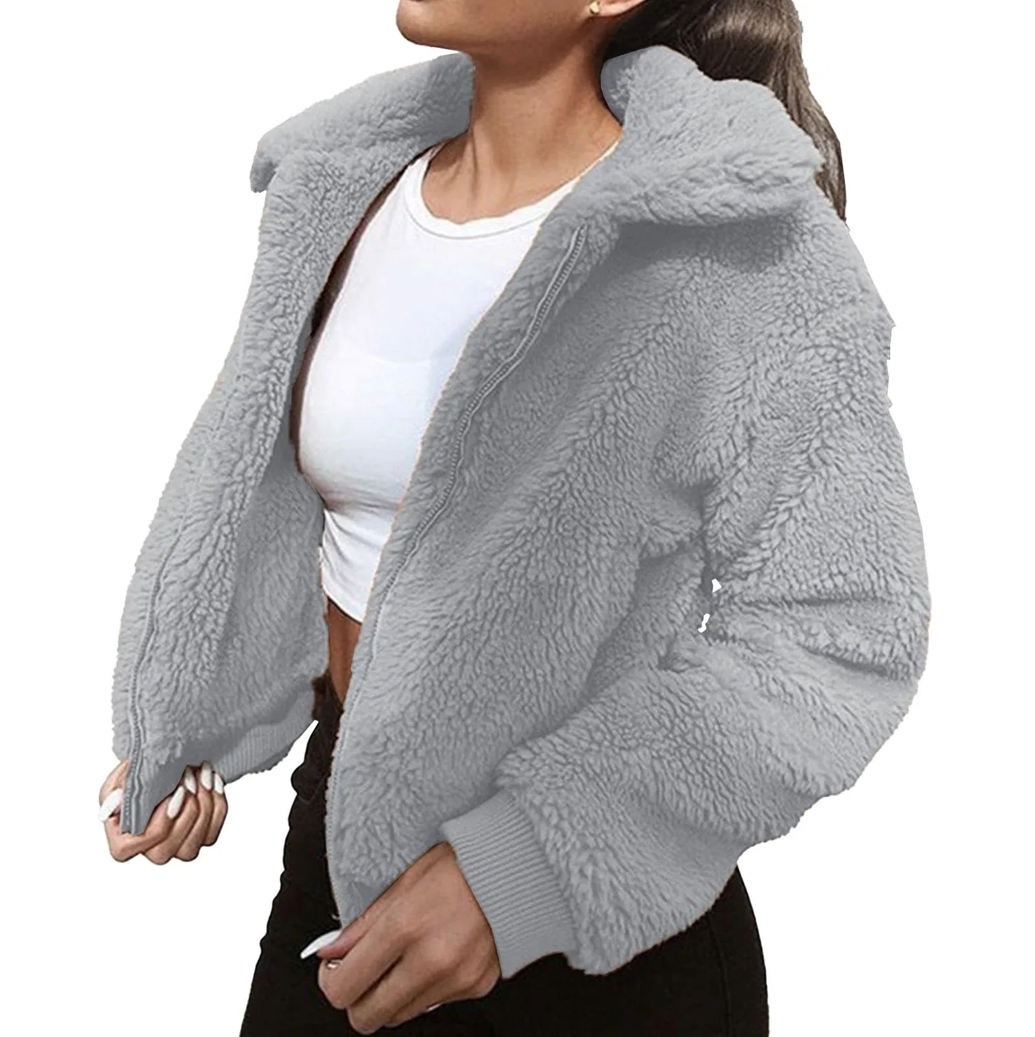 Женское зимнее пальто из искусственного меха с карманами, Grey