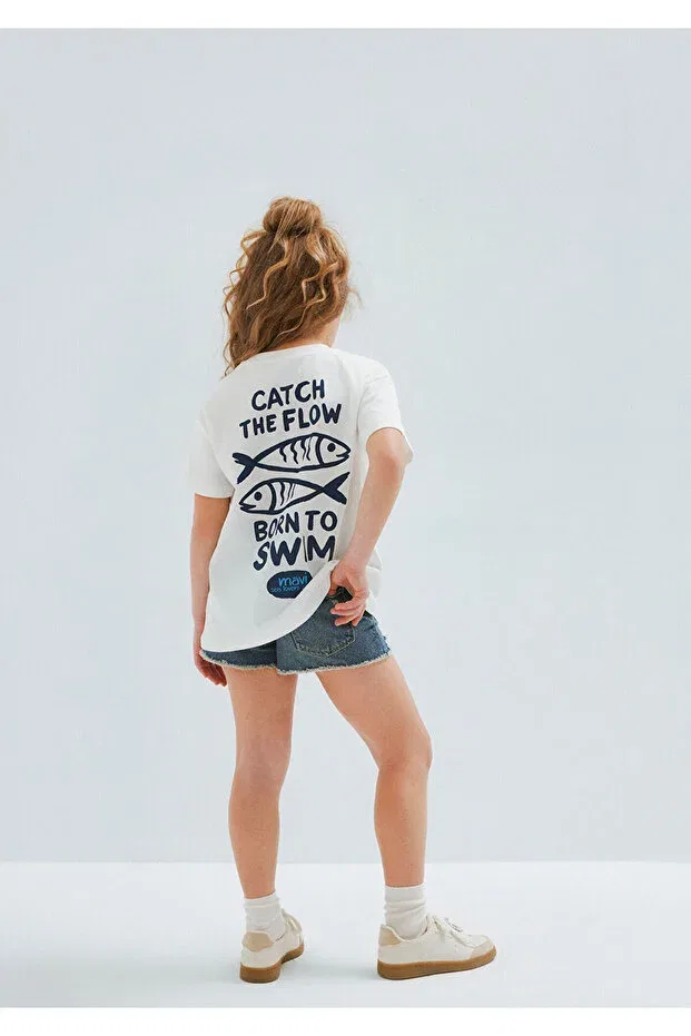Детская футболка для девочек с принтом Fish Printed Mavi, Ecru