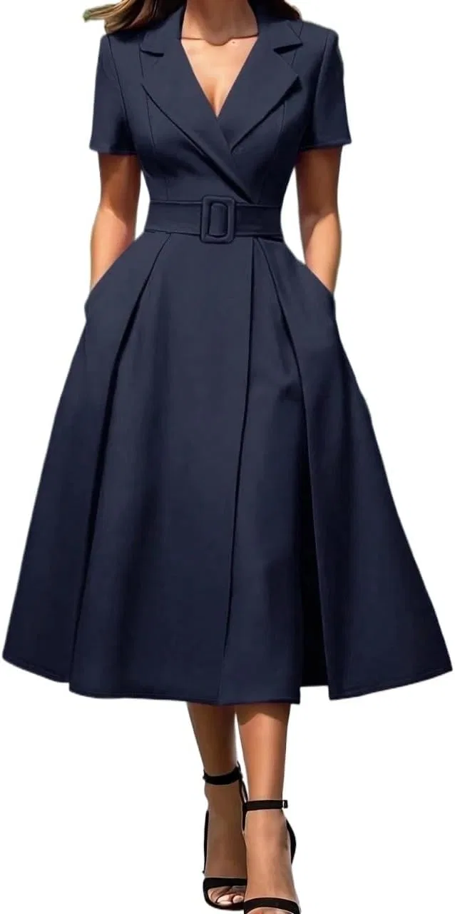 Женское платье миди с глубоким V-образным вырезом, Navy Blue