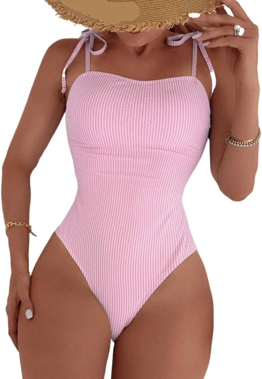 Женский слитный купальник с полосками, Pink