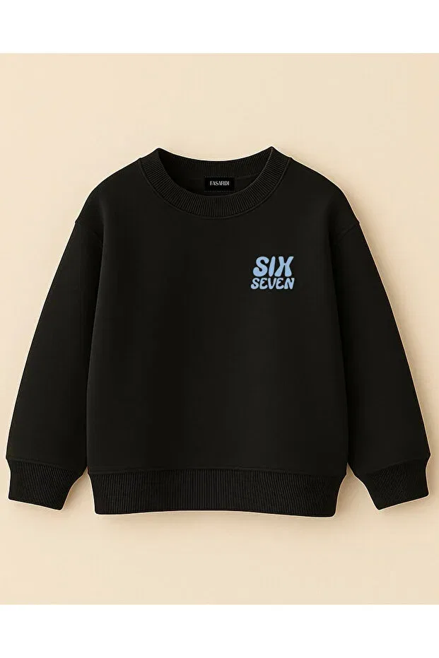 Детские свитшот для девочек оверсайз с принтом Six Seven Front Back Printed Oversized Unlined Long Sleeve 3 Thread Unisex Children's Sweatshirt Fasardi, Black — фото 2