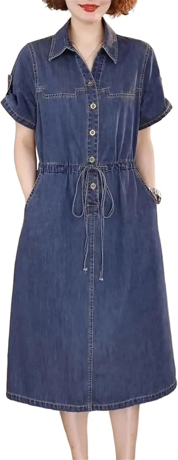 Женское джинсовое платье миди с коротким рукавом, Denim Blue