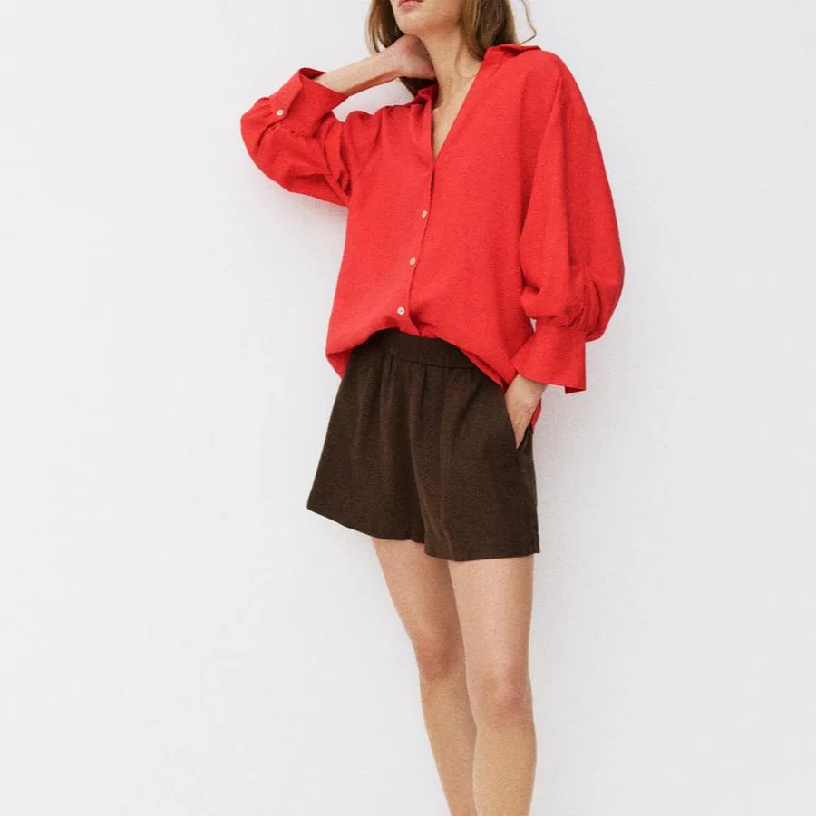 Женская рубашка с V-образным вырезом, красная, ZARA — фото 4