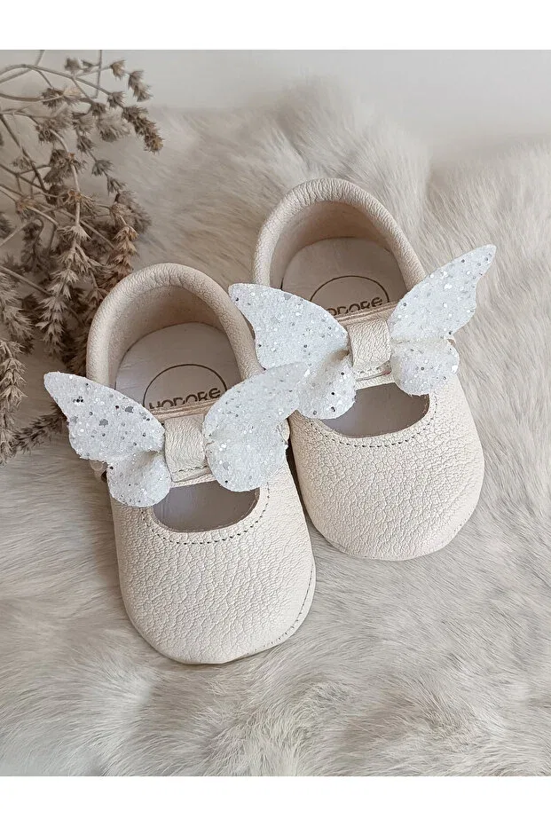 Детские мокасины для девочек из натуральной кожи Alice butterfly stone Hodore, Cream Butterfly