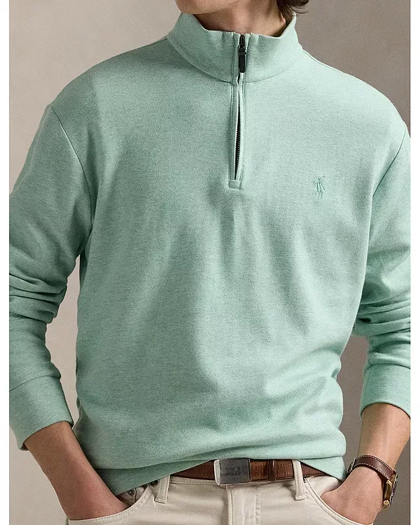 Мужской пуловер с воротником-стойкой из двойного трикотажного жаккарда Luxury Double Knit Jacquard Quarter Zip Pullover Polo Ralph Lauren, зеленый — фото 4