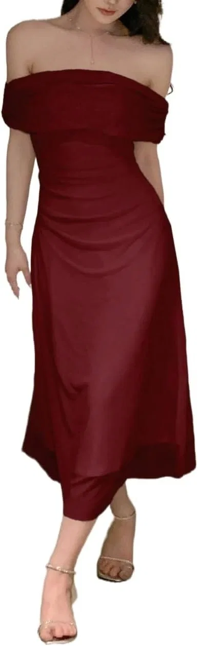 Женское элегантное платье с рюшами и разрезами, Asymmetric Neck, Burgundy
