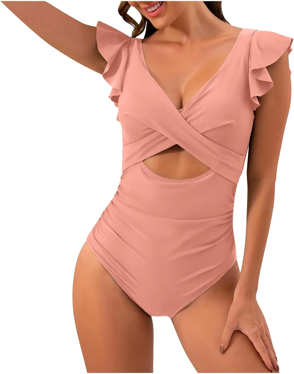 Женский слитный купальник с воланами и вырезами V-образным вырезом, Pink — фото 4