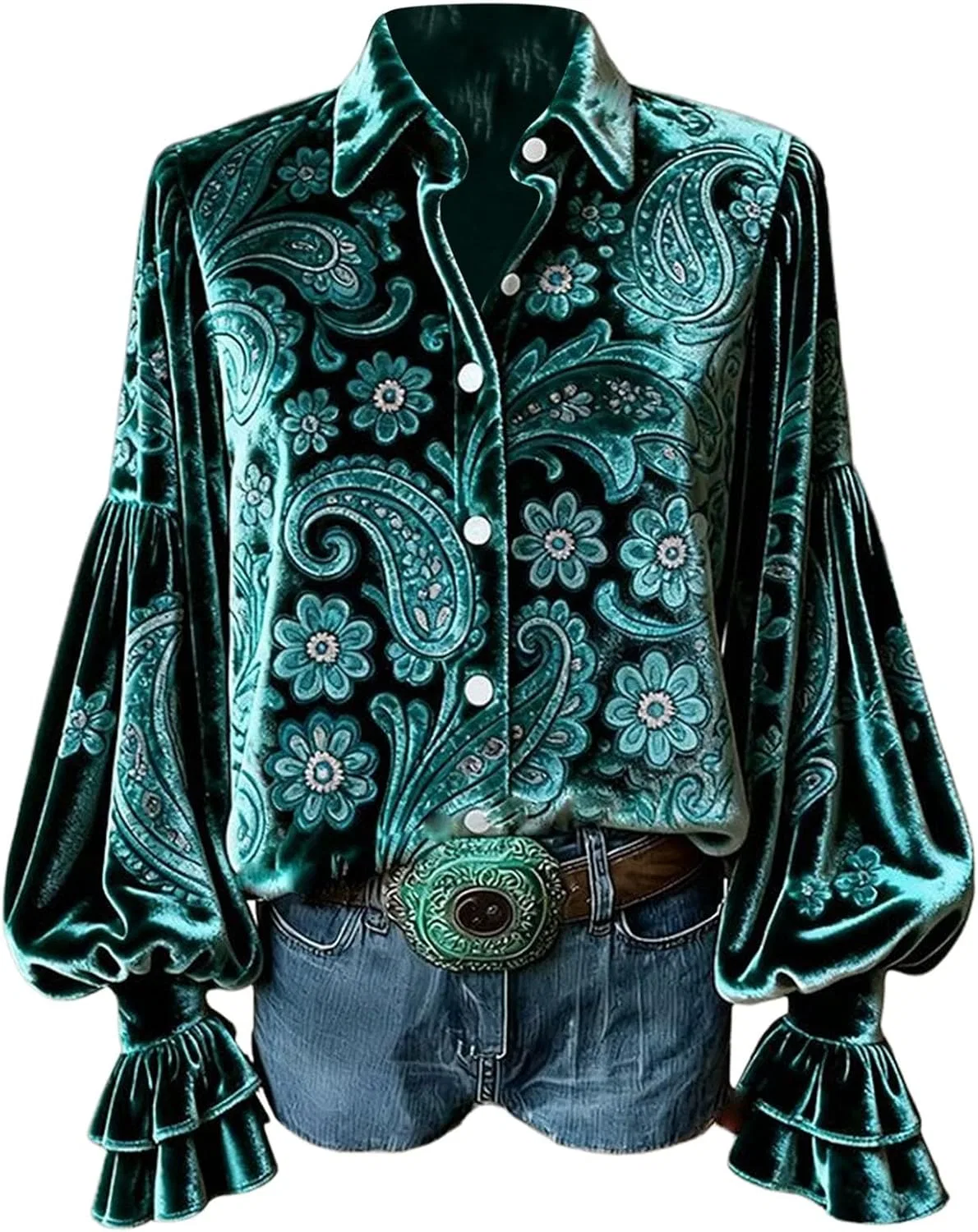 Женская блуза с цветочной вышивкой и рюшами, Vintage Flower Embroidery Printing, тёмно-зелёный