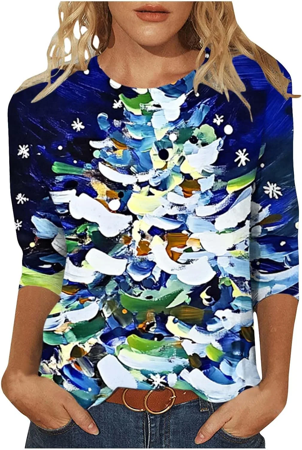 Женская футболка с рождественским принтом Christmas Shirts for Women Glitter Xmas Tree Snow Graphic 3/4 Sleeve Crewneck Tshirt Loose Aesthetic Casual Cute Tops, A15 Multicolor