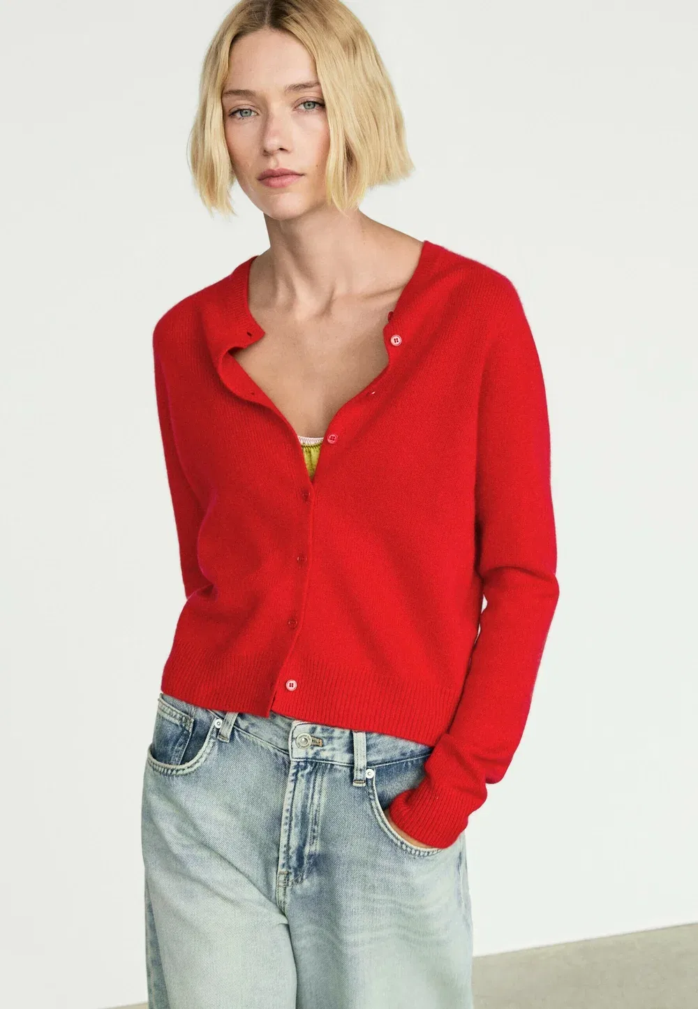 Укороченный вязаный кардиган из 100% кашемира - кардиган Massimo Dutti, Red