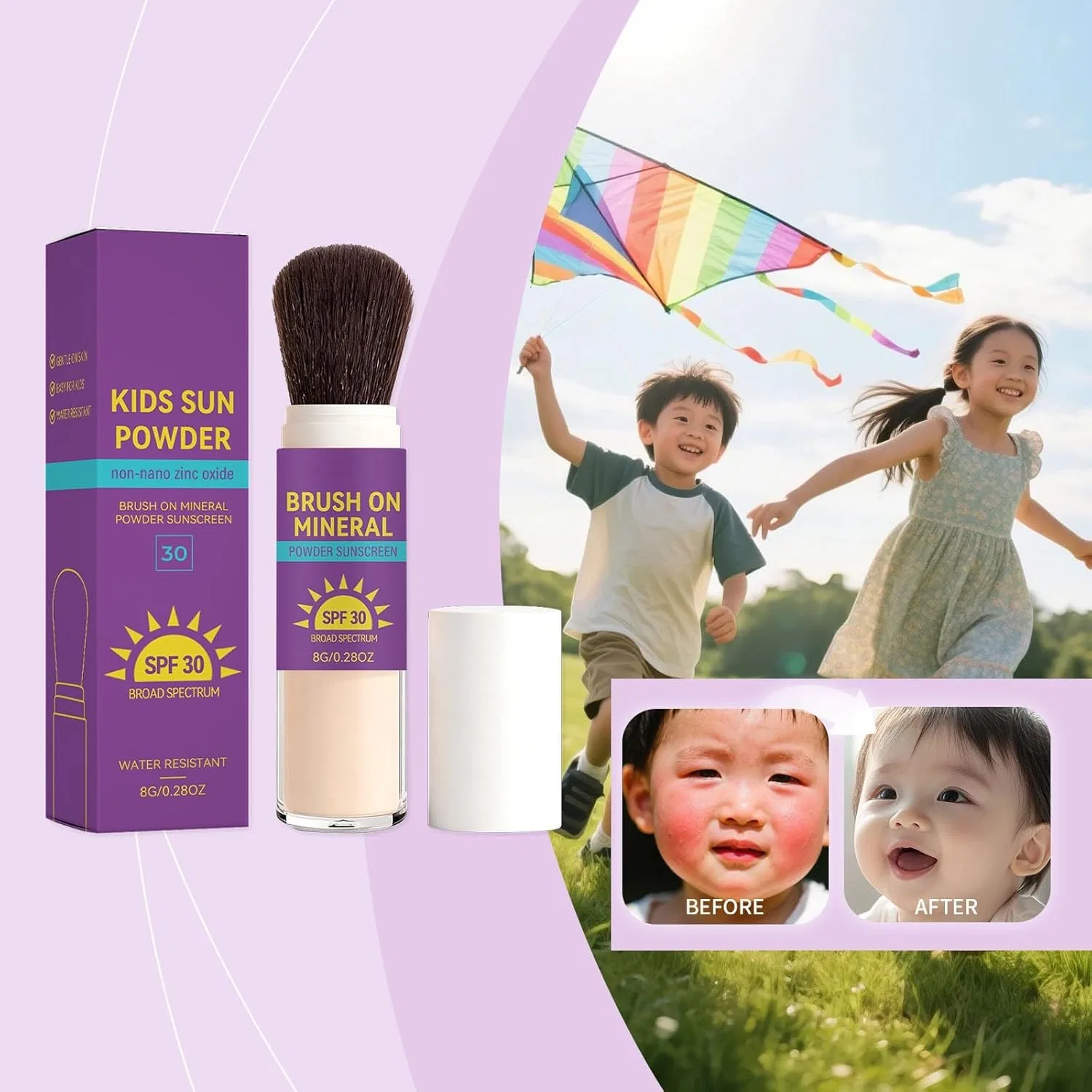 Солнцезащитная пудра для детей SPF 30, физическая, водостойкая, Generisch, набор 2 шт — фото 2