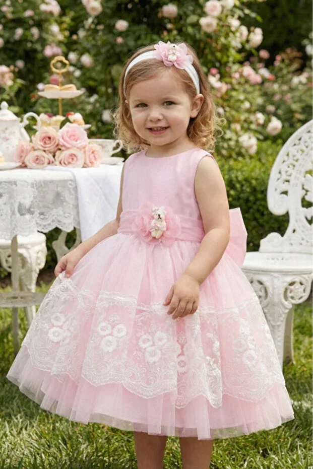 Детское платье для девочек с принтом Teddy Bear and Lace Fluffy Tulle Dress Headband Set Pamina, Pink