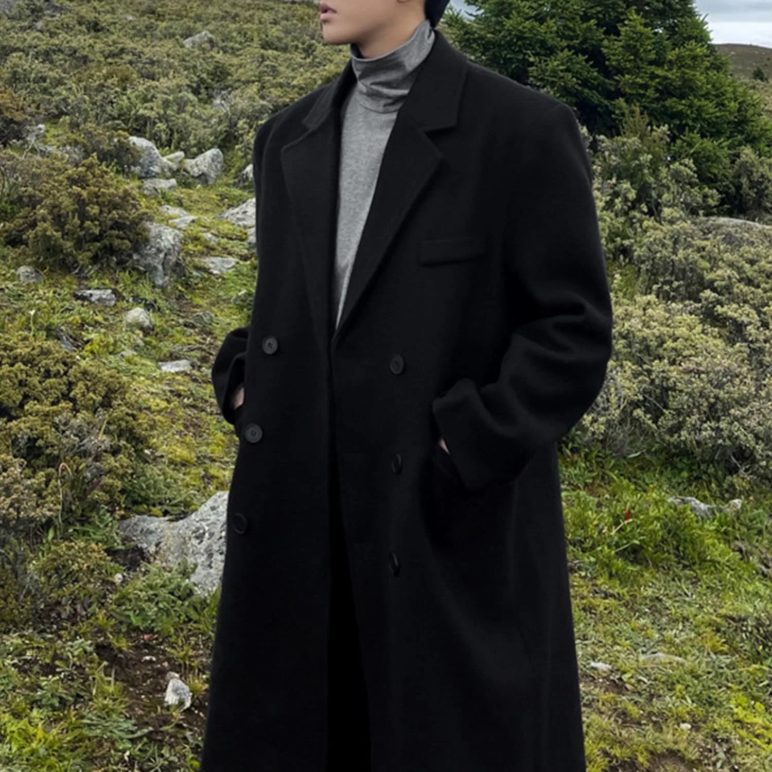 Мужское пальто с лацканами, двубортное, Slim Fit, Peacoat, чёрный — фото 2