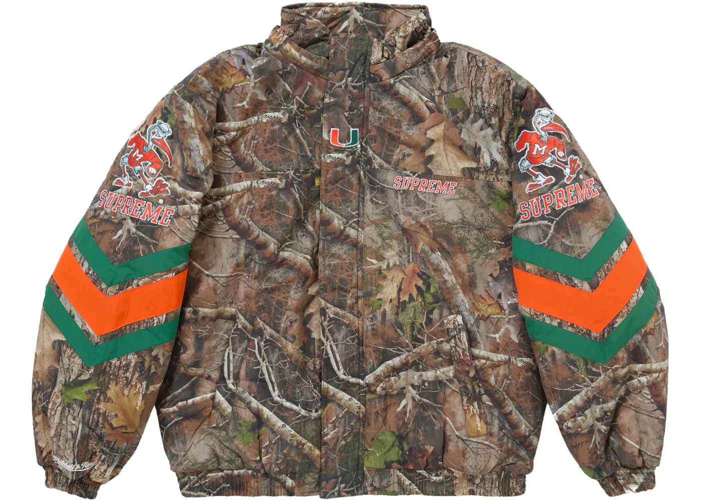 Мужская куртка с капюшоном и принтом Supreme Mitchell & Ness NCAA Hooded Stadium Jacket, Woodland Camo — фото 4